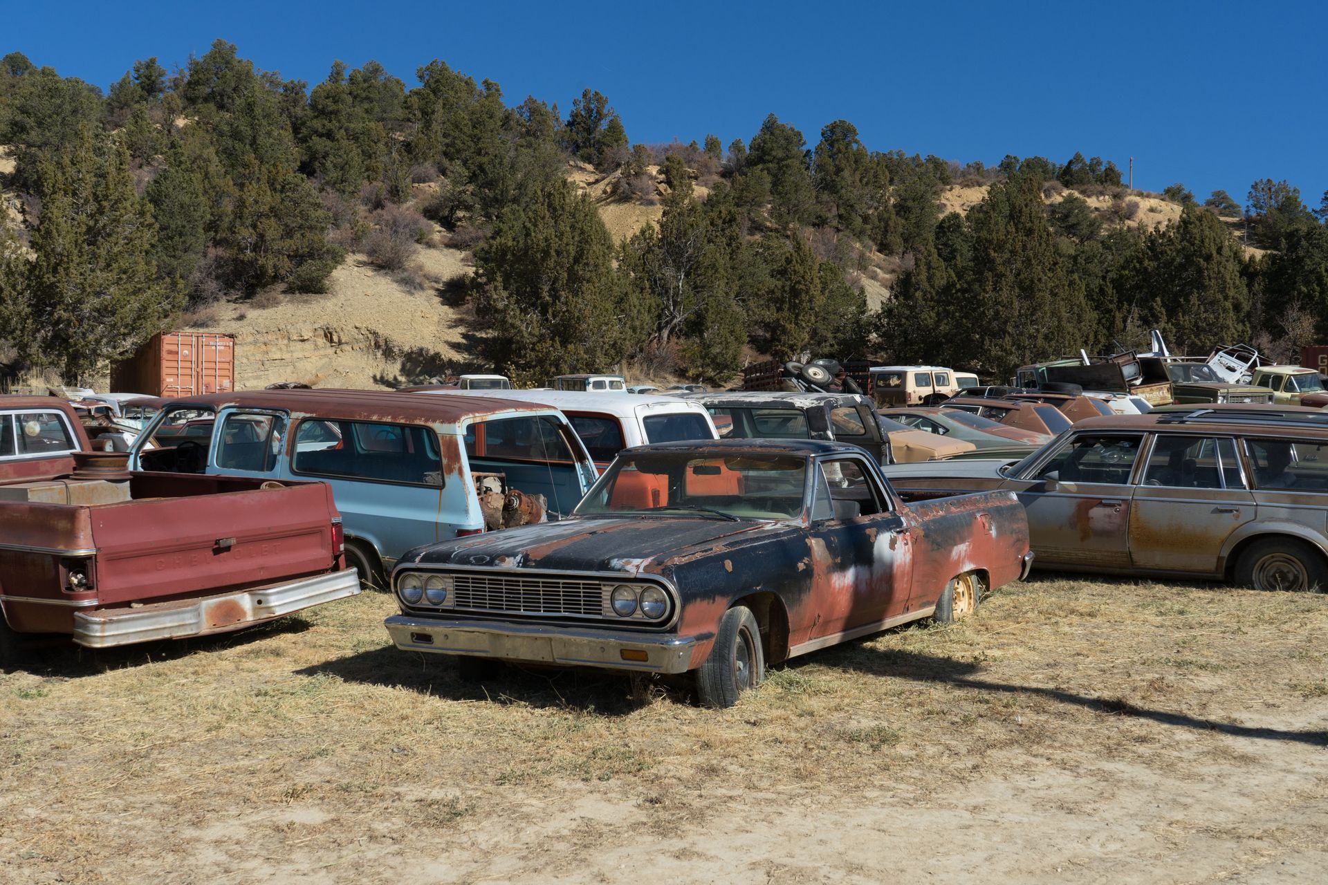 Explore vintage cars in an outdoor Nevada City junkyard, capturing the beauty of rust and abandonment.